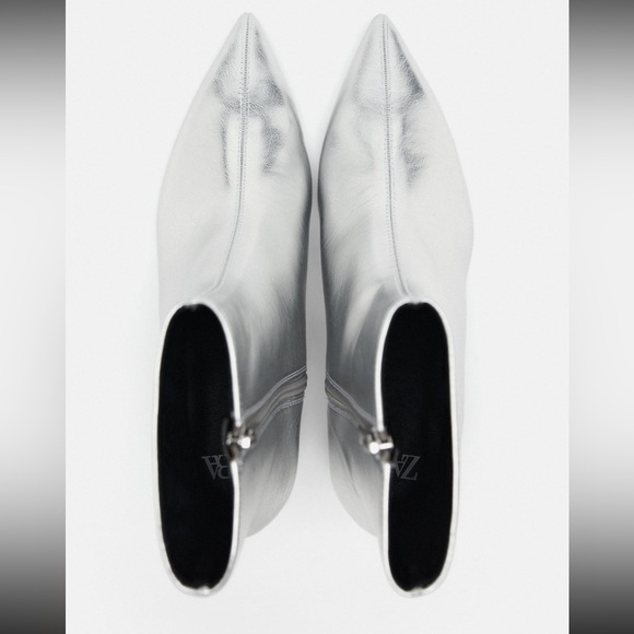 Zara Metallic Kitten Heel Ankle Boots Metallic Effect Thin Heel Pointed Toe NWT - Picture 8 of 11